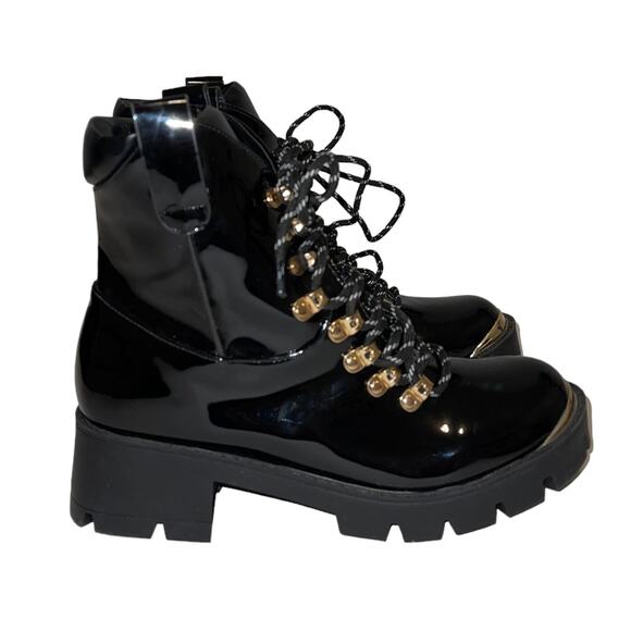 Dolls Kill Challenge Me Lace Up Glossy Vegan Leather Black Boots Size 6.5 - Picture 1 of 10